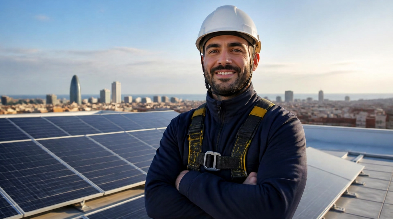 Instalador certificado de placas solares de Nova Solar en un tejado de Barcelona